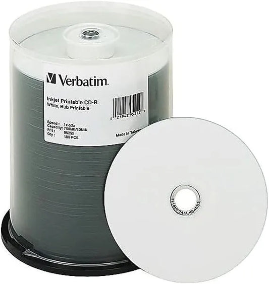 Verbatim 700MB 52x 80 Minute White Inkjet and Hub Printable Recordable Disc CD-R, 100-Disc Spindle 95252