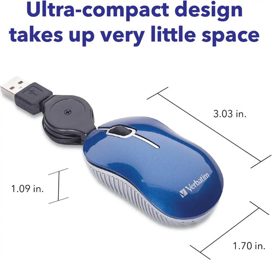 Verbatim Wired Optical Computer Mini USB-A Mouse - Plug & Play Corded Small Travel Mouse with Retractable Cable – Blue 98616