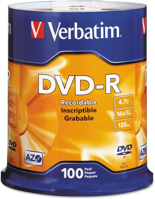 Verbatim DVD-R Blank Discs AZO Dye 4.7GB 16X Recordable Disc - 100 Pack Spindle,Silver