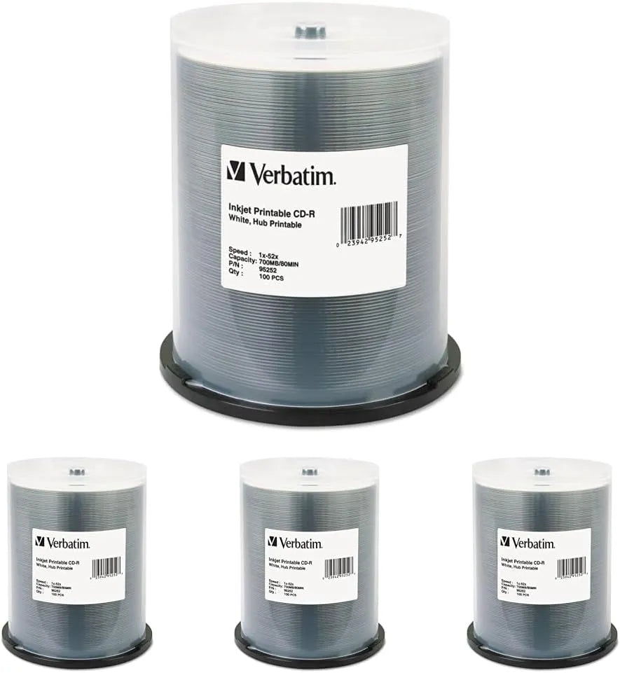 Verbatim CD-R 700MB 52X White Inkjet Hub Printable Recordable Media Disc - 100 Spindle,(Pack of 4)