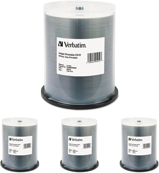 Verbatim CD-R 700MB 52X White Inkjet Hub Printable Recordable Media Disc - 100 Spindle,(Pack of 4)