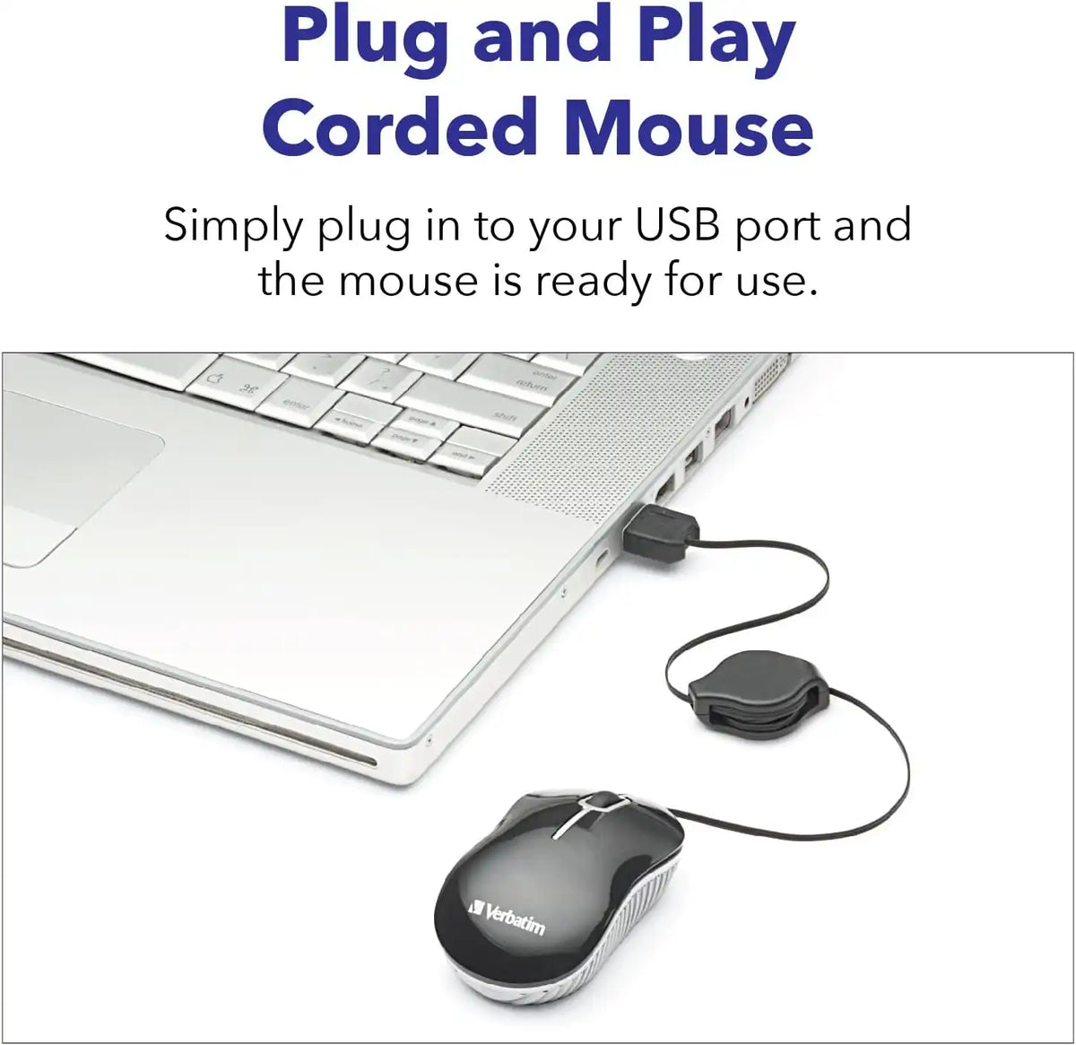 Verbatim Wired Optical Computer Mini USB-A Mouse - Plug & Play Corded Small Travel Mouse with Retractable Cable – Blue 98616
