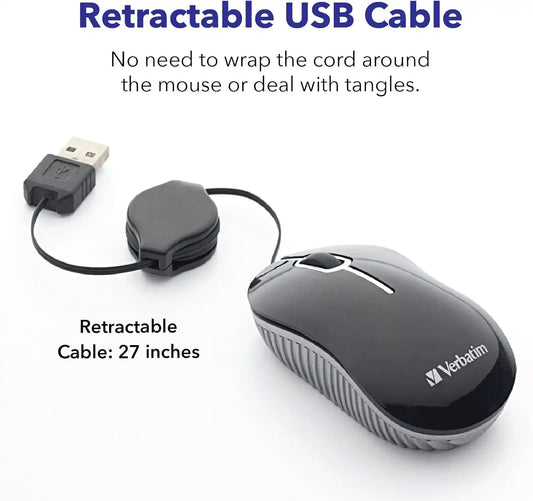 Verbatim Wired Optical Computer Mini USB-A Mouse - Plug & Play Corded Small Travel Mouse with Retractable Cable – Black 98113