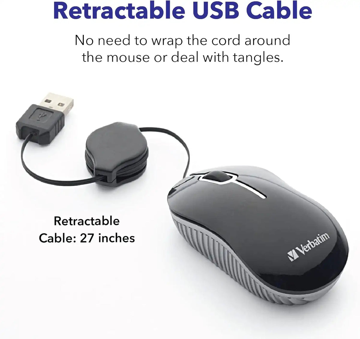 Verbatim Wired Optical Computer Mini USB-A Mouse - Plug & Play Corded Small Travel Mouse with Retractable Cable – Blue 98616