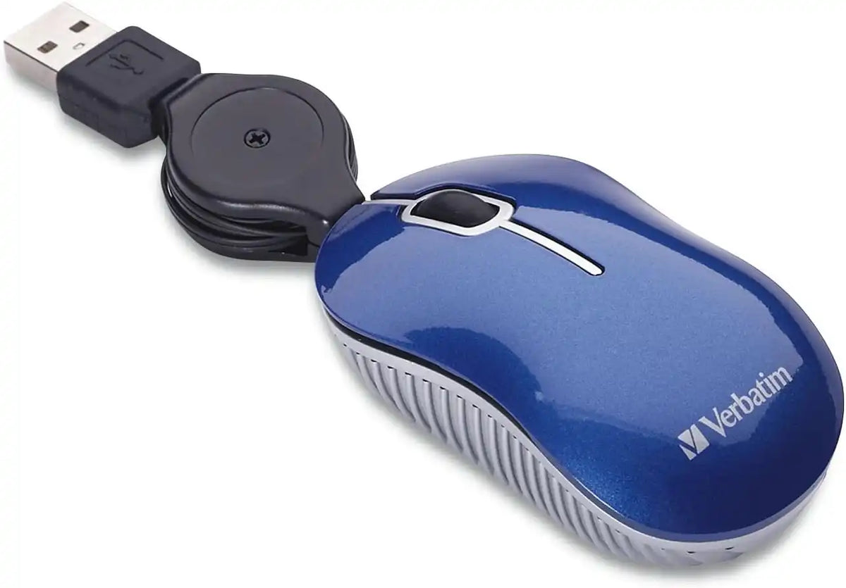 Verbatim Wired Optical Computer Mini USB-A Mouse - Plug & Play Corded Small Travel Mouse with Retractable Cable – Blue 98616
