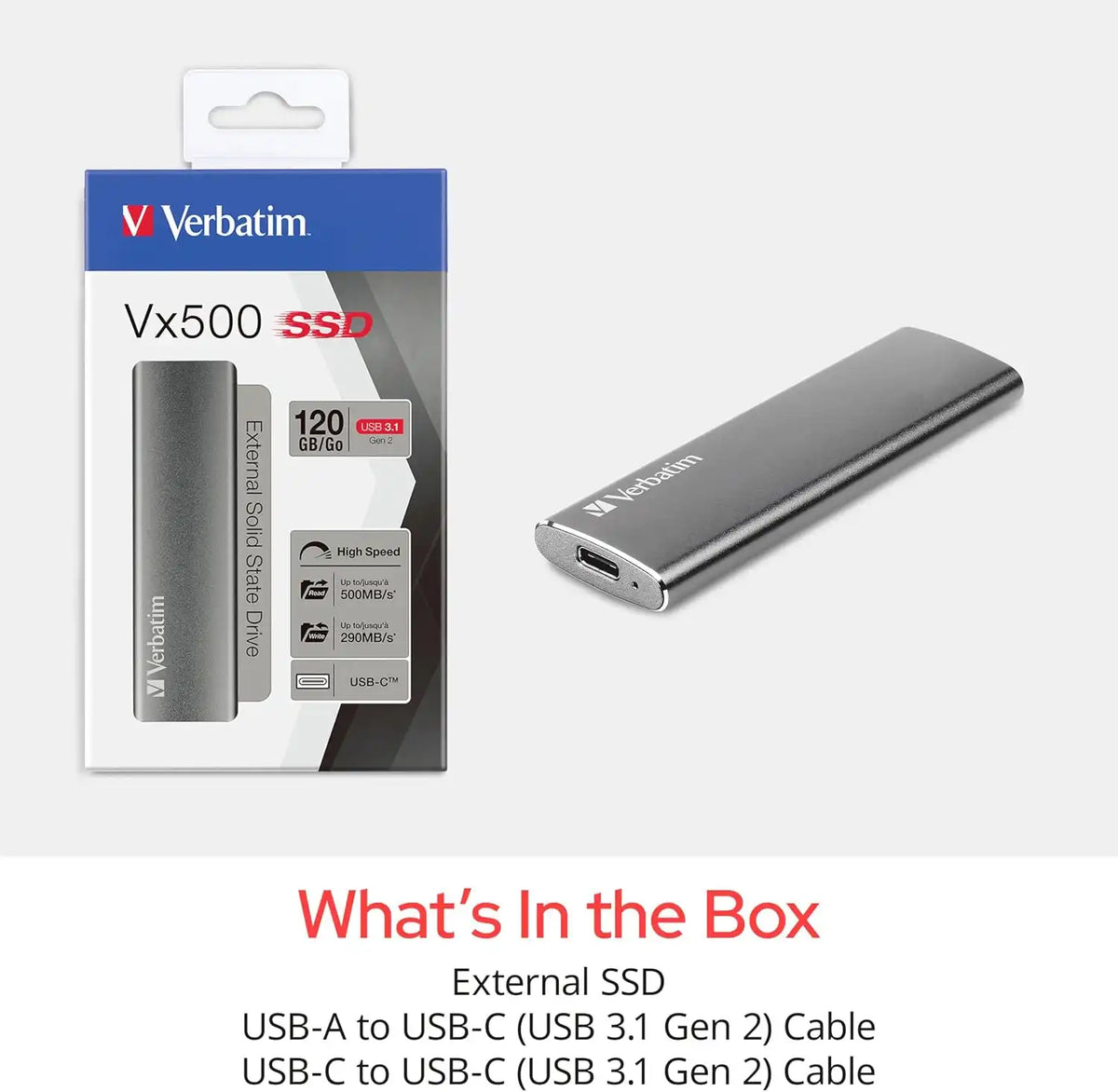 Verbatim Vx500 480GB External SSD, USB 3.1 Gen 2, 500MB/s, Graphite