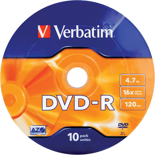 Verbatim DVD-R 4.7GB 16X Recordable Discs, Matte Silver, 10 Pack