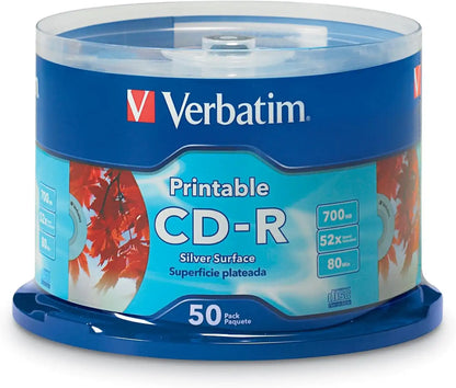 Verbatim CD-R 700MB 52X Silver Inkjet Printable Discs, 50 Pack