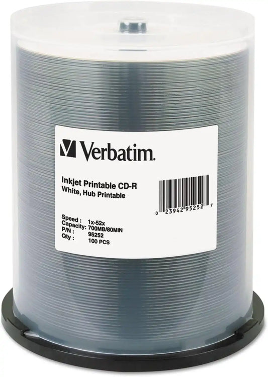 Verbatim 700MB 52x 80 Minute White Inkjet and Hub Printable Recordable Disc CD-R, 100-Disc Spindle 95252