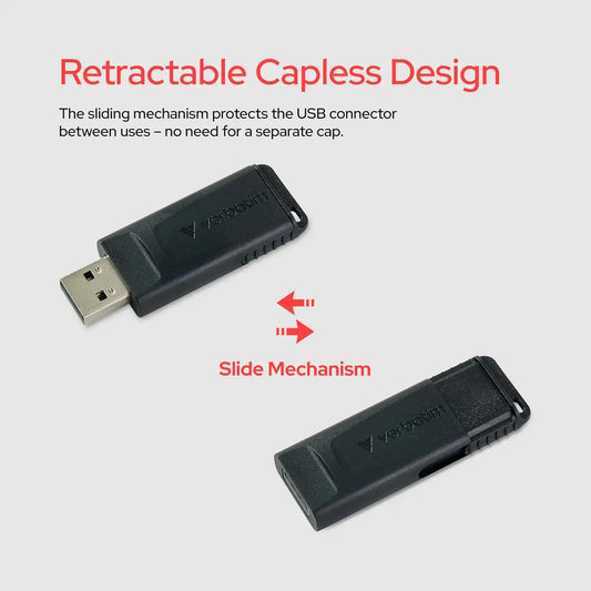 Verbatim 64GB Slider USB 2.0 Flash Drive, Retractable Thumb Drive - Black