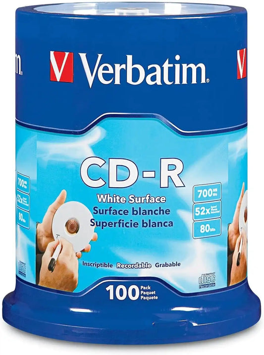 Verbatim CD-R Blank Discs 700MB 80 Minutes 52x Recordable Disc for Data and Music with Blank White Surface - 100 Pack Spindle
