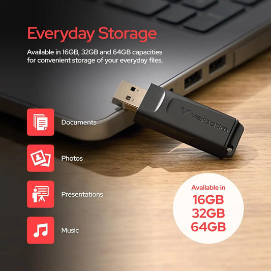 Verbatim 32GB Slider USB 2.0 Flash Drive, Retractable Thumb Drive - Black