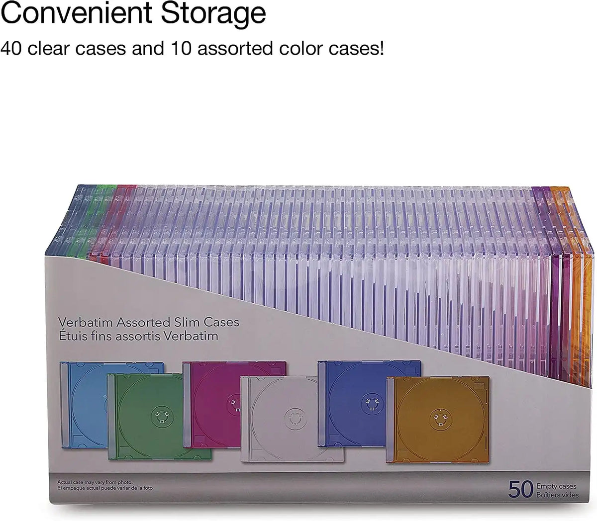 Verbatim 50-Pack Assorted Slim CD DVD Blu-ray Disc Cases, Clear & Colors