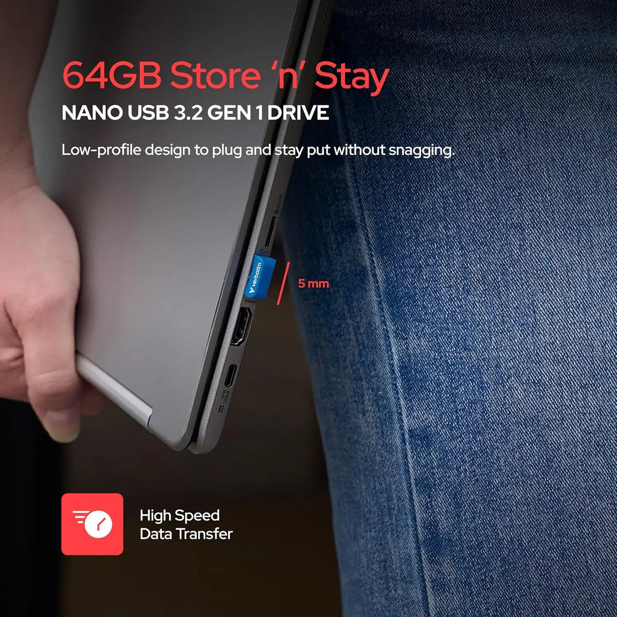 Verbatim 64GB Store 'n' Stay Nano USB 3.2 Gen 1 Flash Drive Snag-free Low Profile Thumb Drive - Blue
