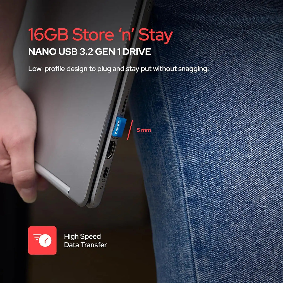 Verbatim 16GB Store 'n' Stay Nano USB 3.2 Gen 1 Flash Drive Snag-free Low Profile Thumb Drive - Blue